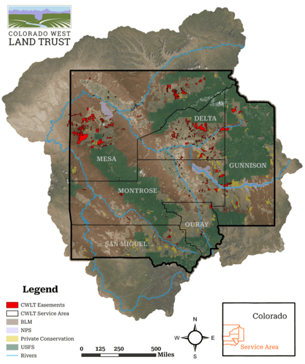 Map of the six-county service area, Mesa, Delta, Gunnison, Montrose, Ouray and San Miguel, showing conserved lands